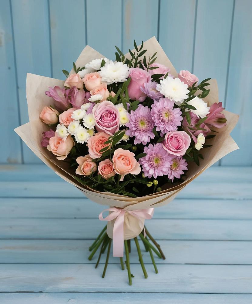 Букет цветов из: Хризантемы, Розы и Альстромерии в Залукокоаже